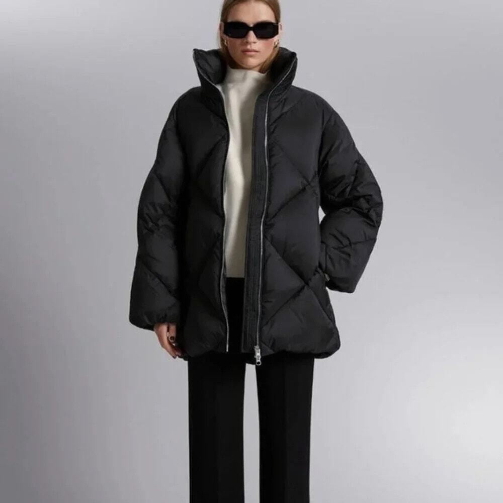 & Other Stories Oversized Sculpted Down Puffer Jacket Diamond Quilted Black Sz S